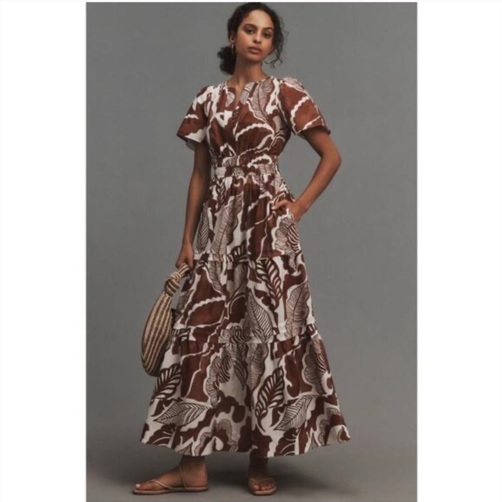 NEW Anthropologie Somerset Maxi Dress in Cedar Brown Floral Leaf XS